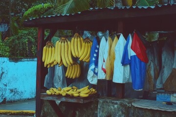 Wall Mural - Bunches of Bananas and Plantains at Market Stall: Multiple bunches of bananas and plantains displayed at a market, with vivid yellow hues