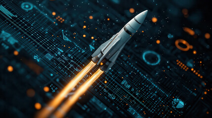 Fototapete - sleek white rocket launches into digital space, surrounded by glowing circuits and data patterns, symbolizing innovation and exploration