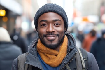 Poster - Smiling man wearing a scarf and beanie in a busy urban setting during the day