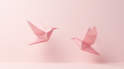 Poster - Two pink paper birds in flight against soft pink background, showcasing delicate origami craftsmanship and serene atmosphere