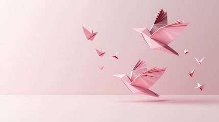 Poster - Create serene scene of pink paper birds in flight, symbolizing freedom and creativity. delicate origami design adds whimsical touch to any space