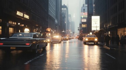 Rainy city street at night with vintage car and traffic.