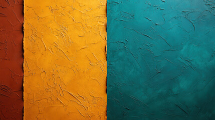 Poster - Textured wall with warm tones of orange, brown, and teal, creating vibrant and artistic backdrop. rich colors and unique textures evoke sense of creativity and warmth