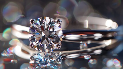 Wall Mural - Exquisitely cut round brilliant diamond engagement ring with four claw prongs set in a polished platinum band, reflecting light against a dark backgro