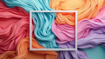 Poster - Colorful flowing fabric waves in pastel shades with white frame. This abstract image evokes sense of creativity and artistic expression