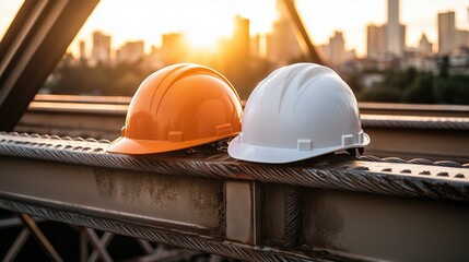 Wall Mural - Two safety helmets resting on metal beam at construction site during sunset