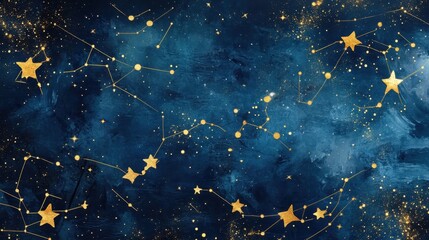 Wall Mural - Celestial Map Golden Constellations and Stars on Dark Blue Watercolor Space Background.