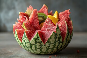 Wall Mural - Carved Watermelon Filled with Mixed Exotic Fruits: Watermelon carved into a bowl, overflowing with papaya, mango, and kiwi slices.