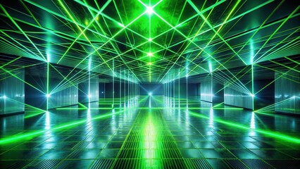 Wall Mural - Abstract Green Laser Grid Corridor with Reflective Floor and Walls