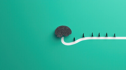 Aufkleber - Conceptual illustration of brain with figures walking along path, symbolizing knowledge and learning. vibrant background enhances visual impact