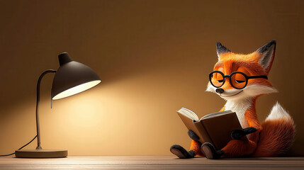 Poster - charming fox character reading book under lamp, showcasing cozy atmosphere. warm lighting enhances inviting scene, perfect for storytelling