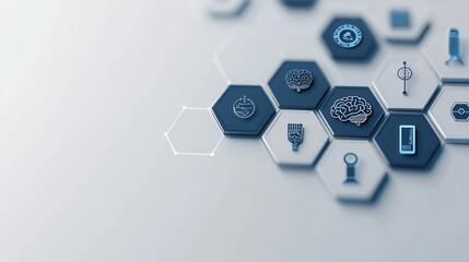 Poster - Innovative hexagonal icons representing artificial intelligence, technology, and data analysis. design features modern, minimalist aesthetic with focus on connectivity and intelligence