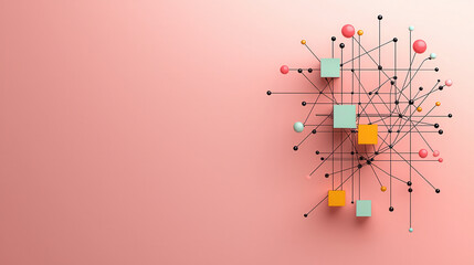 Poster - Abstract network design with colorful geometric shapes on soft pink background, creating modern and artistic visual expression