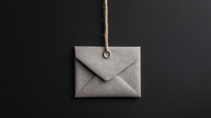 Leinwandbilder - Light gray envelope hanging on string against dark background, showcasing minimalist design. Perfect for invitations or announcements
