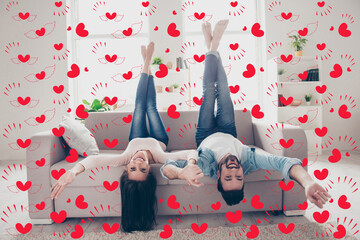 Poster - Excited cheerful joyful amazing amusing lovely tender brother and sister are having fun and posing upside dowm on a couch at home at the weekend