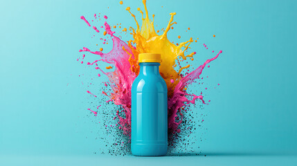 Aufkleber - transparent blue plastic bottle stands against vibrant background of colorful splashes in pink, yellow, and black, creating lively and energetic atmosphere