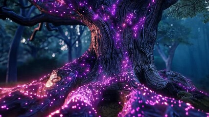 Aufkleber - Amidst a tranquil forest, an ancient tree stands tall with vibrant roots glowing in multiple colors. The enchanting lights enhance the mystical atmosphere as twilight settles around.