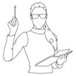 © PZ - Dessin en ligne continu d'une femme portant des lunettes de face, en tenu professionnelle, métier de l'enseignement, présentation commerciale, line art, vecteur