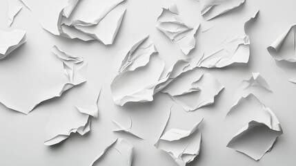Aufkleber - Crumpled white paper scattered on light background creates textured and dynamic visual. This evokes sense of creativity and spontaneity