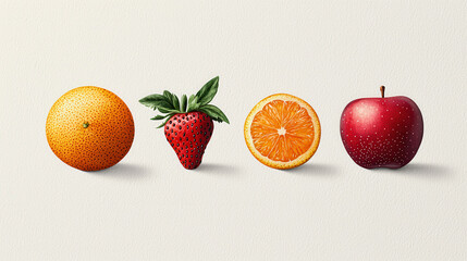 Poster - watercolor style image featuring four fruits orange, strawberry, orange slice, and apple. vibrant colors and detailed textures evoke freshness and vitality
