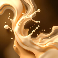 Leinwandbilder - Illustration with organic shapes of milk and coffee that convey fluidity and energy. The composition resembles a splash or swirl of liquid with floating droplets and bubbles