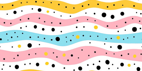 Wall Mural - colorful wavy lines and dots seamless repetitive pattern on white background