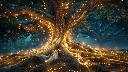 Aufkleber - The scene showcases an ancient tree with magnificent roots glowing softly in the dark forest. Tiny lights dance around, creating an enchanting atmosphere under the moonlight.