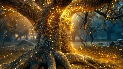 Poster - A magnificent tree with a textured trunk and sprawling roots is lit by glowing orbs, set in a mystical forest at twilight. The atmosphere is both magical and serene, inviting exploration.