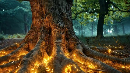Aufkleber - A majestic tree stands tall in a mysterious forest, its roots illuminated by soft, glowing lights. A serene atmosphere envelops this enchanting woodland at dusk.