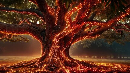 Leinwandbilder - A magnificent tree stands in a tranquil park, its roots adorned with glowing orange lights as dusk falls. The warm illumination creates a magical atmosphere among the surrounding nature.