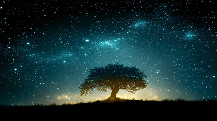 Wall Mural - solitary tree under a starry sky: a majestic lone tree stands silhouetted against a breathtaking exp