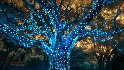 Poster - A stunning tree adorned with vibrant blue lights stands tall in a mystical forest. The warm glow of sunset creates a magical atmosphere, enhancing the tranquil setting.