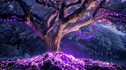 Aufkleber - A large tree stands majestically in a dimly lit forest, adorned with vibrant purple lights along its branches and roots, creating a magical atmosphere during nighttime.