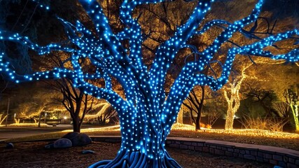 Aufkleber - A majestic tree adorned with vibrant blue lights stands prominently in a peaceful park. The surrounding landscape is softly lit, creating a serene ambiance perfect for evening strolls.
