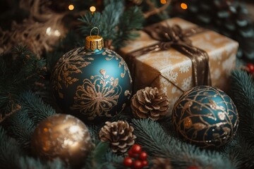Wall Mural - christmas gift and teal and gold ornaments decorating a fir tree branch with pine cones