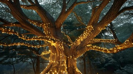 Aufkleber - A large tree stands majestically in a serene forest, its gnarled branches wrapped in bright glowing lights. The soft ambiance creates a magical setting as dusk falls.