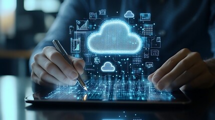 A businessman is using his tablet to create an AI hologram clouds