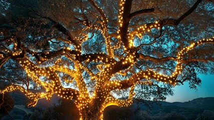 Poster - A large tree adorned with glowing lights stands majestically in a tranquil outdoor area at twilight. The surrounding landscape is softly illuminated, creating a magical atmosphere.