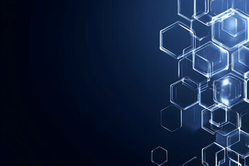 abstract background shows glowing hexagons floating elegantly on dark blue backdrop