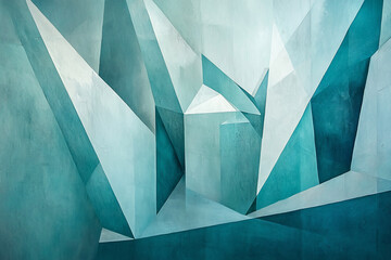 Wall Mural - Abstract geometric shapes in shades of blue creating a modern art installation in a spacious gallery