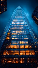 Wall Mural - A background of a sleek glass skyscraper reflecting city lights at night.