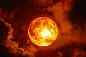 Wall Mural - super blood moon glowing over orange clouds at night