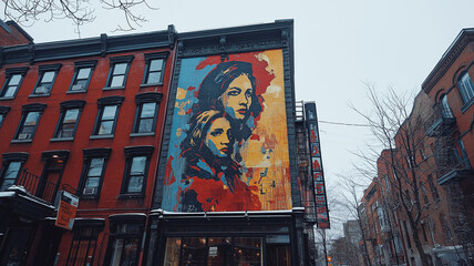 Vibrant street art mural on city building featuring two women, showcasing bold colors and artistic expression. urban setting adds to mural impact