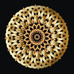 Wall Mural - 3d gold intricate braided grid lattice celtic arabesque style vector round mandala pattern on black background. Luxury ornate knotted flower ornaments. Beautiful textured decorative modern design.