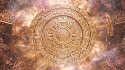 Wall Mural - Ethereal Fusion of Mayan Sun Stone and Medieval Star Maps in Cinematic Astrological Theme with Swirling Pastel Skies, Ultra-Detailed Image