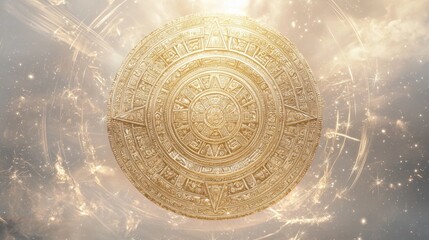 Wall Mural - Celestial Fusion: Mayan Sun Stone and Medieval Star Maps in a Cinematic Pastel Sky - Ultra-Detailed Astrological Theme