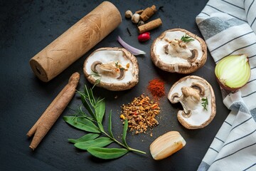 Wall Mural - Oyster mushrooms with spices, onion and olive oil on a black background