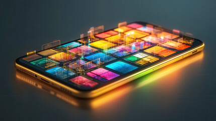 Wall Mural - glowing 3D database interface displayed over smartphone, showcasing vibrant digital data and futuristic technology