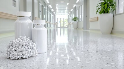 Wall Mural - Medicine bottles and molecular model in hospital corridor