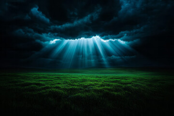 Wall Mural - Light rays breaking through storm clouds onto a distant landscape, creating a dramatic, awe-inspirin